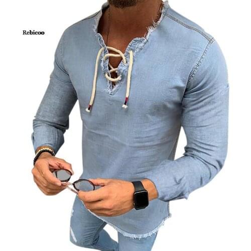 New Mens Denim T-Shirt Long Sleeves Jeans Shirts Smart Casual Fashion Men Clothes S-Xxxl