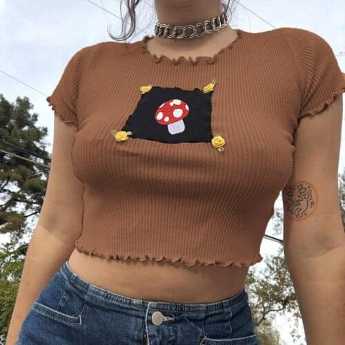 New Women Embroidery Mushroom Patchwork Cropped T-Shirts Ruffle Trim Rib Knitted Short Tees Tops Brow Nude