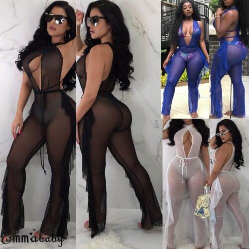 New Fashion Sexy Women Beach Mesh Ruffles Sheer jumpsuit Pants Bikini Cover Up Plus Size