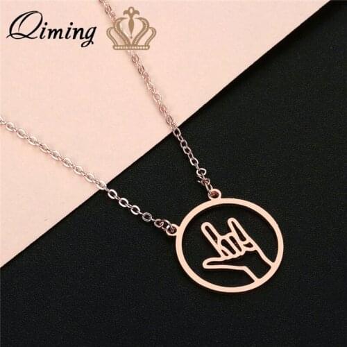 QIMING Handmade Sign Language Necklace For Women Men Hip Hop Rock Band Vintage Gesture Pendant Necklaces Gift