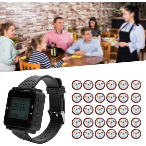 SU‑C04 Restaurant Pager 1Pcs Watch Receiver+30Pc Call Button Transmitter Wireless Watch Coaster Service Calling System
