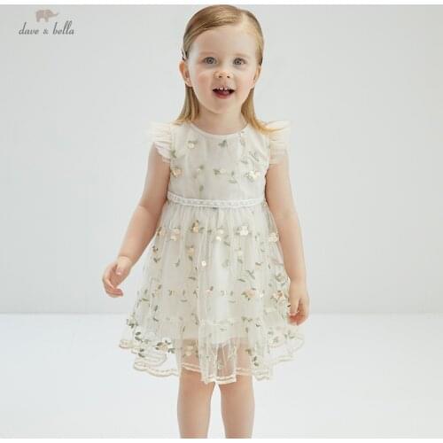 DBM17766 dave bella summer baby girls cute floral embroidery mesh dress children fashion party dress kids infant lolita clothes