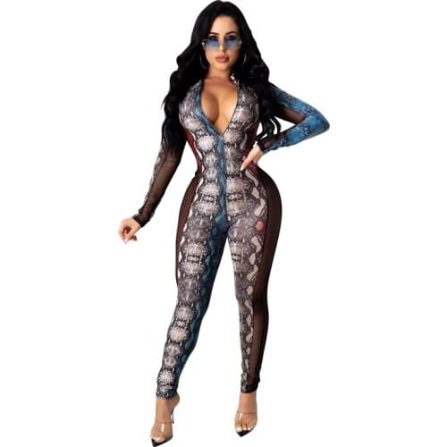 Snake Print Sexy Club Bodycon Jumpsuit Women Long Sleeve Side Sheer Mesh Party One Piece Overalls Long Romper Women Jumpsuit