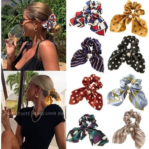 New Printing Elastic Hair Bands for Women Girls Ponytail Holder Headband Elastic Hair Scrunchies Pearl Pendant Hair Accessorie