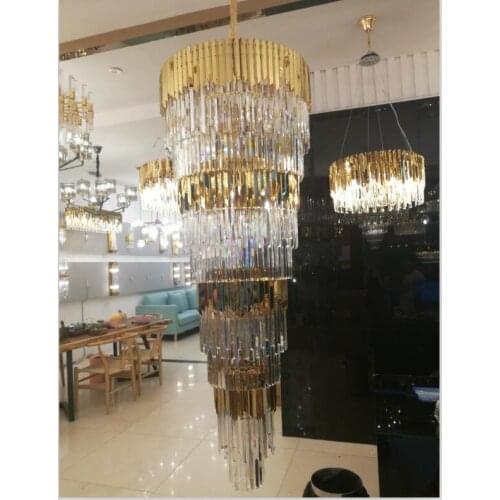 Luxurious golden crystal chandelier stainless steel k9 crystal lobby lights shining spiral staircase LED decorative chandeliers