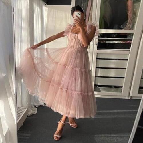 Pink Fairy Prom Dresses Sweetheart Ruffle Pleated Tulle Tea Length Wedding Party Gown Short Graduation Robes de cocktail