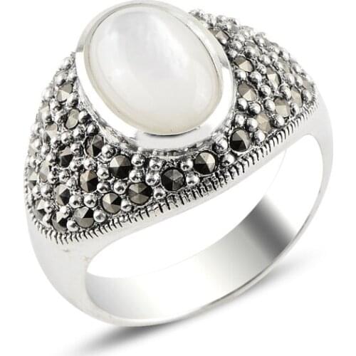 Silver 925 Sterling Pearl & Marcasite Ring