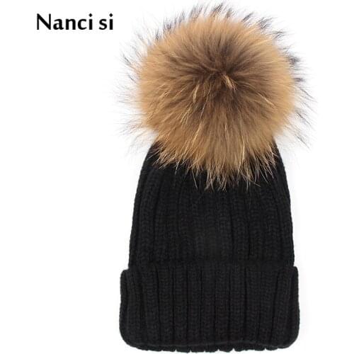Brand Nanci si Real 15cm Mink Fur Ball Pom Pom Beanies Cap Winter Hat For Women Female Thick Cotton Warm Skullies Knitted Caps