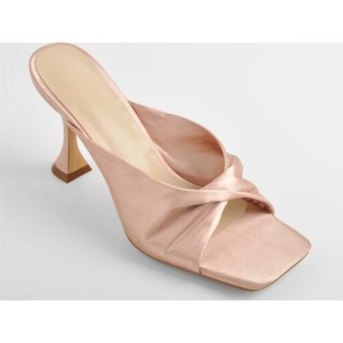 Richealnana Slip-On Shoes For Women Summer Square Toe Sandal Silk Summer Cross Ruched Kitten Heel Slipper 2021 Fashion