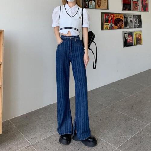 SHNSOPHI New Autumn Korean Blue Jeans Women High Waist Straight Tube Loose Stripe Wide Leg Pants Split 2021 Vintage Denim Pants