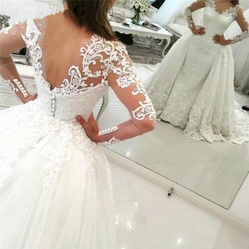 White Ivory Mermaid Long Sleeve Wedding Dress with Detachable Train Backless Court Train Bridal Dress Wedding Gowns Custom Made