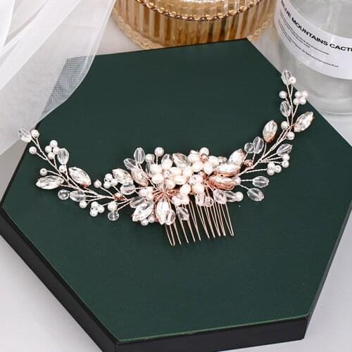 Wedding Hair Comb Rose Gold Flower Hairpin Tiara Handmade Pearl Rhinestone Headband Prom Bridal Hair Jewelry Wedding Accessories