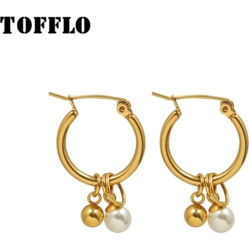 TOFFLO Stainless Steel Jewelry Pearl Small Golden Ball Pendant Earrings Round Earrings Womens Exquisite Small Earrings BSF490