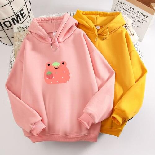 Frog Hoodie Harajuku Kawaii Strawberry Printed Pullover Sweatshirt Oversize Kpop Fashion Winter Pink Tops Goth Clothes for Teens