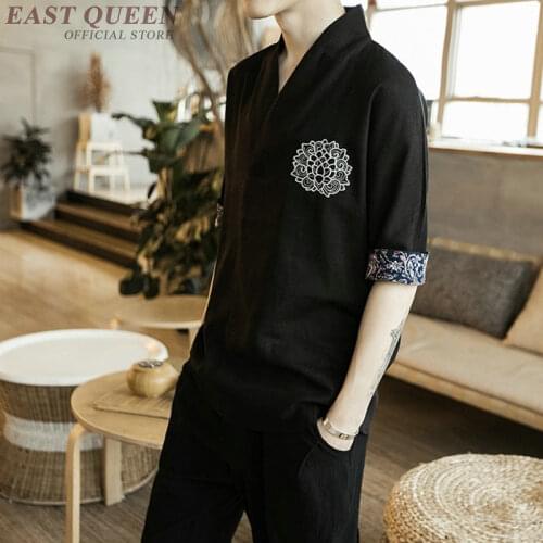 Traditional Chinese wushu shirt clothing for men top oriental mandarin collar shirt linen male kimono outfit clothes KK2160 Y