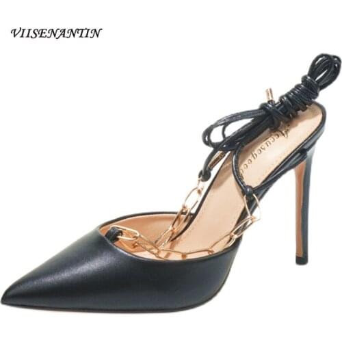 Pointed Shallow Mouth Open Heels Cross Strap High Heels Autumn Stiletto High Heel Sexy Fairy Lace-up Chain Catwalk Womens Shoes