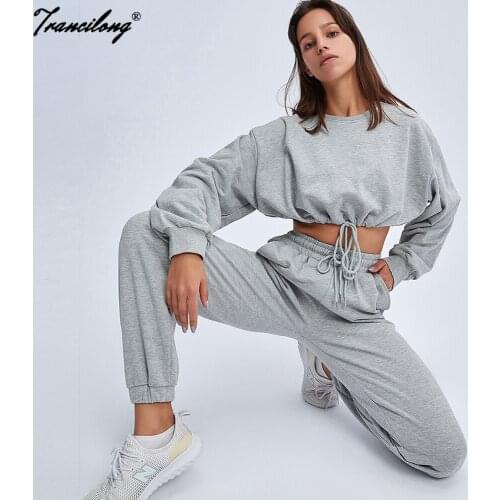 Spring Fitness Sports Sweatshirt Cotton Suit Loose Crop Top Two Piece Pants Sets Casual Streetwear Full Sleeve Tracksuit Women