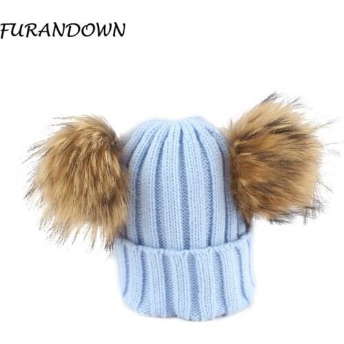 Two Fur Ball Knitted Hat Kids Winter Cap Skullies Warm Knit Beanies Real Raccoon Fur Pompom Hats For Children