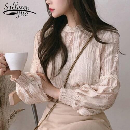 Blusas Mujer De Moda 2021 Pink Spliced Ladies Tops Long Sleeve Lace Blouse Shirts for Women Tops Solid Stand Women Tops 6899 50