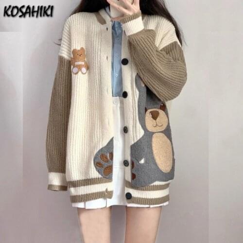 KOSAHIKI Kawaii Bear Cardigan Women Preppy Ulzzang Harajuku Mujer Loose Simple Sweater Coat 2021 Spring Autumn Japan Cute Jumper