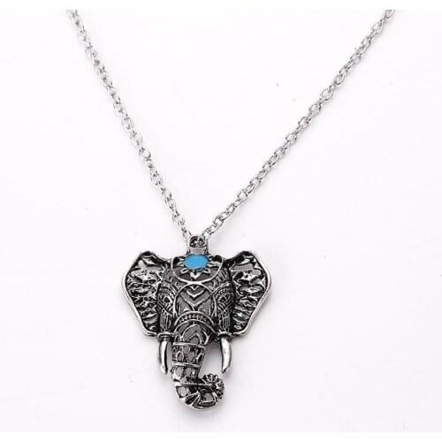 Retro Antique Silver Color Elephant Pendant Necklace For Women Ethnic blue stone Vintage Jewelry Bohemia Clavicle Collier Femme