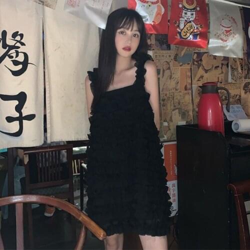 Slim Style in Korean Version Slim Midi Vest Dress Womens Summer New Sweet Wooden Ear Chiffon Dungaree sweet lolita dress