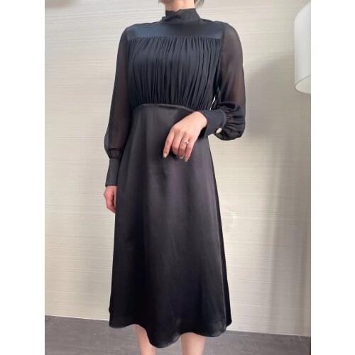 2021 New Summer Silk Women Dress Long Sleeve Draped Back Bow Sexy White / Black Celebrity Evening Runway Party Dress Vestido