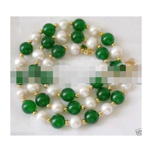 7-8mm White freshwater Cultured Pearl & geen jade Necklace 18"