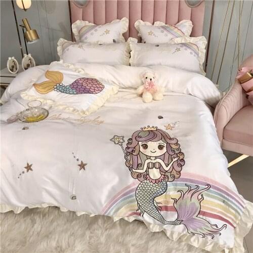 White Cartoon Mermaid Princess Embroidery Satin Like Silk Cotton Girl Bedding Set Duvet Cover Bed Linen Fitted Sheet Pillowcases