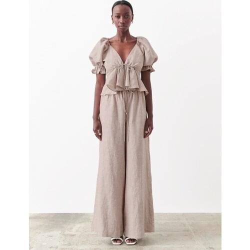 Mnealways18 Drawstring Cotton Linen Trousers Ladies Holiday Wear Casual Women Wide Leg Pants Summer Elastic Waist Loose Trousers