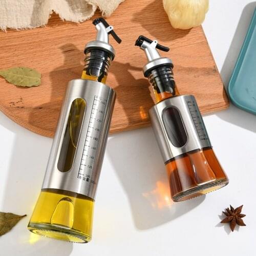 Stainless Steel Household Oil Bottle Glass Leak-Proof With Graduated Soy Sauce Vinegar Cruet Storage Dispenser BBQ Kitchen Tools
