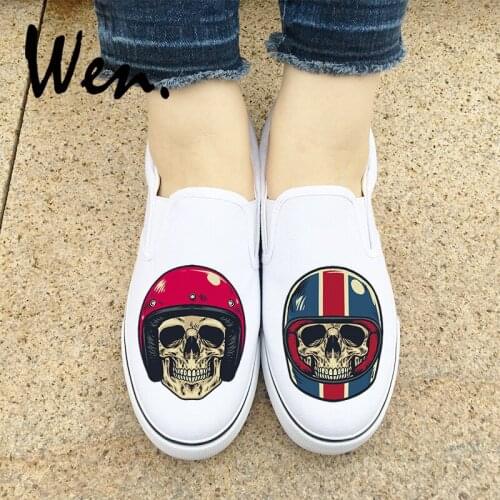 Wen Design Zombie Skull Wearing Motorcycle Racing Helmet Slip On Platform White Black Men Sneakers Athletic Women Canvas Shoes