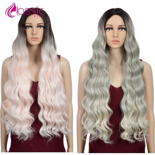 Classic Plus Lace Wigs For Women 28 Inch Long Body Wave Synthetic Hair Lace Wigs Pink Ombre Colored Part Lace Cosplay Wigs