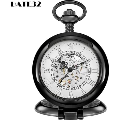 Classic Mechanical Pocket Watch Skeleton Roman Numerals Dial Stand On Table Black White Fob Chain Clock for Men Dropshipping