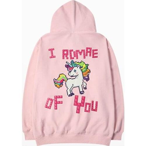 Korean Fashion Winter Fleece Warm Hoodies Men Cartoon Horse You Are My Romre Print Pink Sweatshirt Lovers Couple Men And Women