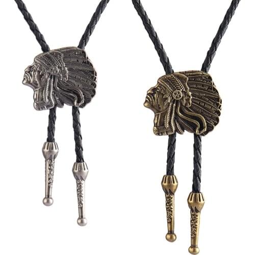 Western Cowboy Cowgirl Fashion Bolo Tie Pendant Necklace Native Portrait Necklace Leather Belt Necktie