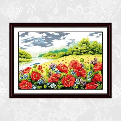 Joy sunday Poppy garden Cross-stitch Print on Canvas 14ct 11ct Embroidery DIY Handmade Accessories Needlework Cross Stitch kits