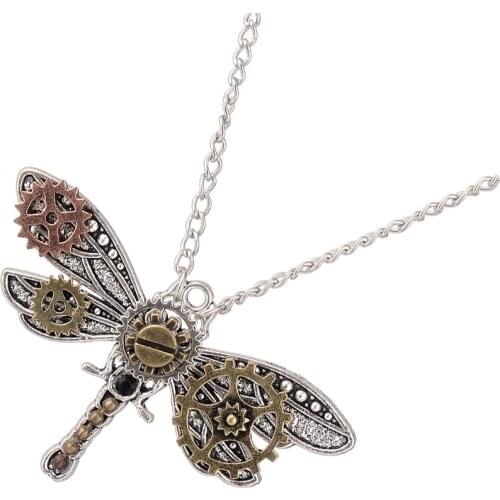 Novel Exquisite Fashion Gear Dragonfly Shaped Steampunk Pendant Necklace with 70cm Long Silver Color Alloy Chain for Women