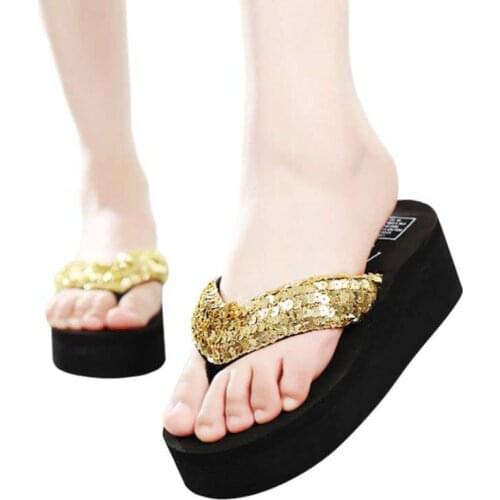 Women Thickness Sandals Sequin Slippers 2021 Summer Beach Sandal Ladies Wedge Platform Casual Shoes Feamle Flip Flops