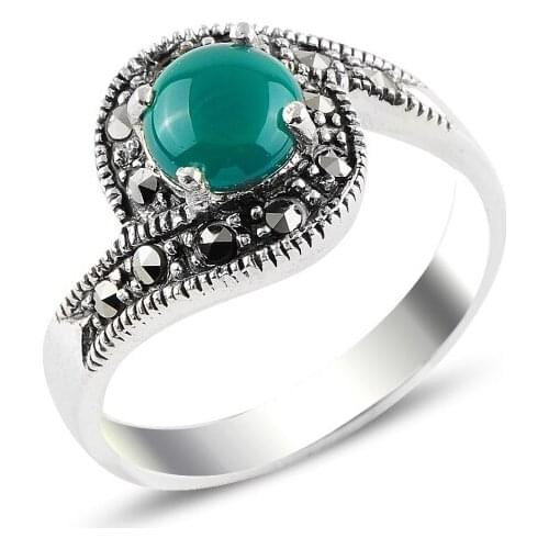 Silverlina Silver Green Agate & Marcasite Ring