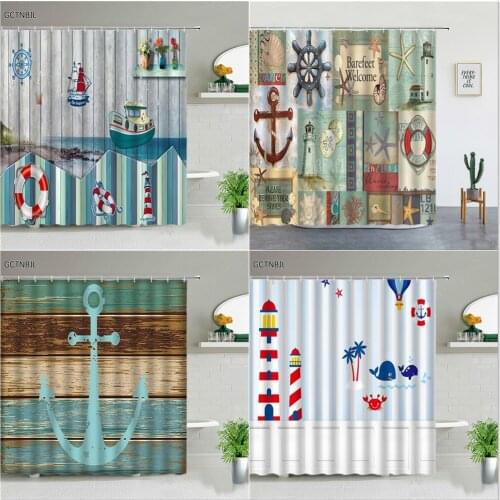 Nautical Cartoon Pattern Shower Curtains Anchor Lighthouse Rudder Decorative Vintage For Kids Bathroom Decor Screen With Hooks