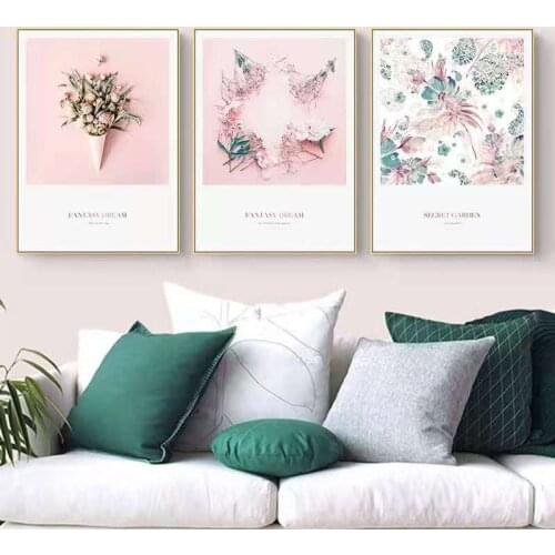 Modern Minimalist Flower Decoration Painting Nordic Living Room Mural Pink Romantic Bedroom Dining Triptych