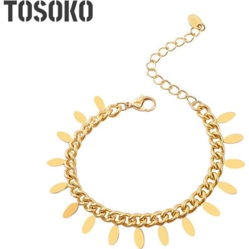 TOSOKO Stainless Steel Jewelry Simple chain leaf tassel Bracelet womens fashion personalized Bracelet BSE256