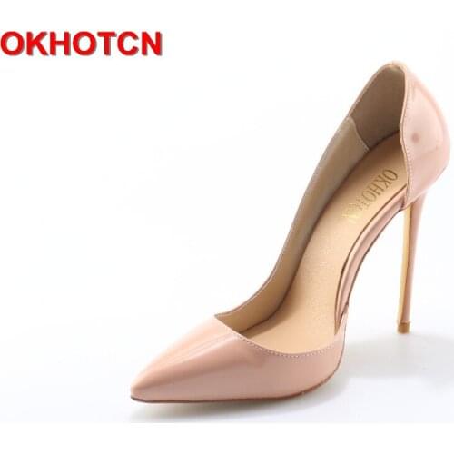 Fashion Sexy Thin High Heel Wedding Party Shoes Woman Side Open Pointed Toe Patent Leather Women Pumps Nude Black Dress Shoes