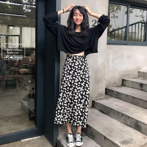 Skirts Women Floral Printed Chiffon Empire Mid-calf Summer Korean Style Kawaii Students Leisure Fashion All-match Zipper New