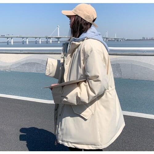 Bread Fake Two Hooded Down Cotton Padded Jacket Womens Korean Loose 2021 Winter Zipper Thicken Cotton Clothes Female