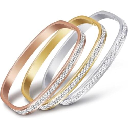 New Three Colors Bracelets & Bangles Stainless Steel With 2 row Sparkling Cubic zirconia Open Bracelet For Women