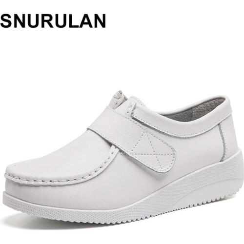 SNURULAN 2021Leather Women Shoes Soft Bottom Slip on White Wedge Casual Women Shoes Comfortable Warm Fashion Nurse Working Shoes