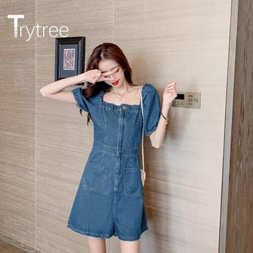 Trytree 2020 Summer Women Casual Rompers Cowboy Square Collar Slash neck Button Temperament Elegant Fashion Pockets Rompers