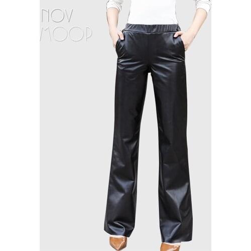 Office style ladies black genuine leather lambskin long straight pants trousers elastic waist pantalon femme LT2550 FREE SHIP